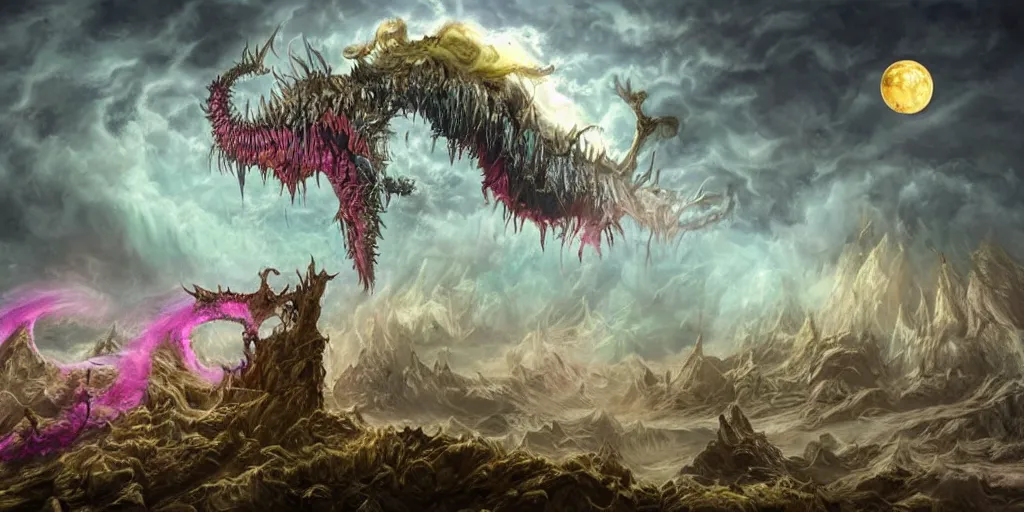 Prompt: concept art of giant mutant fairy attack, lovecraftian, lots of teeth, melting horror, fluffy feathers, round moon, rich clouds, fighting the horrors of the unknown with lasers, high resolution, very detailed, colorful, roaring, volumetric light, mist, grim, fine art, decaying, textured oil over canvas, epic fantasy art, very colorful, ornate