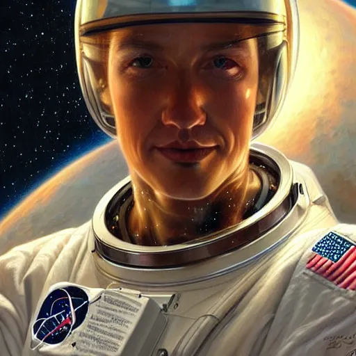 Image similar to a portrait of a stunning astronaut, highly detailed, centered, digital painting, artstation, concept art, donato giancola, Joseph Christian Leyendecker, WLOP, Boris Vallejo, Breathtaking