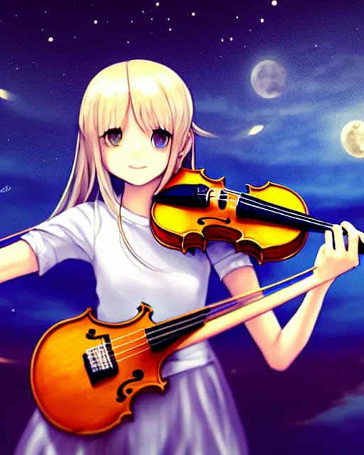 Image similar to teen, cute, full body, a female with white skin and golden long wavy hair holding a violin and playing a song, heavenly, stunning art style, filters applied, lunar time, night sky, trending art, sharp focus, centered, landscape shot, fate zero, simple background, studio ghibly makoto shinkai yuji yamaguchi, by wlop