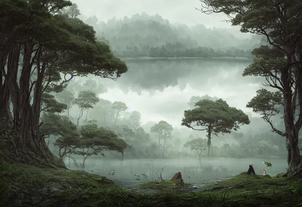 Image similar to lake landscape without people, high trees, top of the hill, above low layered clouds, deep focus, fantasy, intricate, elegant, highly detailed, digital painting, artstation, concept art, matte, sharp focus, illustration, hearthstone, art by rhads and artgerm and greg rutkowski and alphonse mucha. gediminas pranckevicius