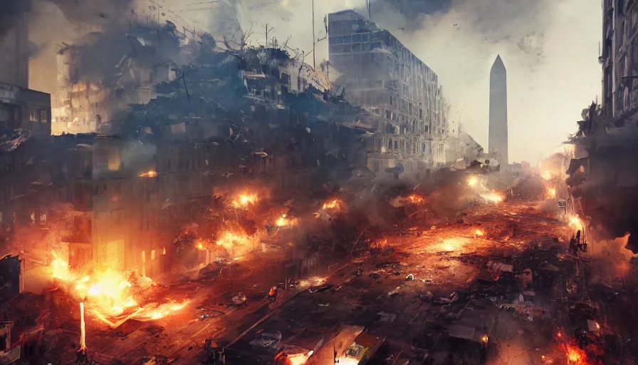 Image similar to washington dc destroying by missiles, explosions, fire, debris, buildings collapsing, damaged streets, people fleeing, smoke columns, war, hyperdetailed, artstation, cgsociety, 8 k