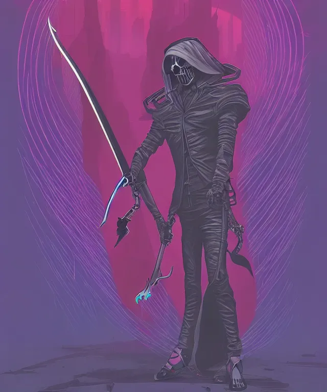 Prompt: a portrait of a cyberpunk grim reaper holding a scythe, fantasy, elegant, digital painting, artstation, concept art, matte, sharp focus, illustration, art by josan gonzalez