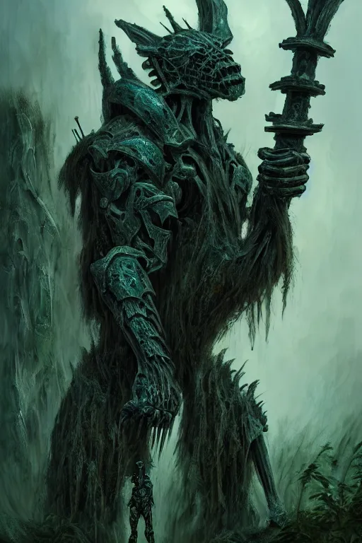 Prompt: neo - gothic giant muscular humanoid chimera, exoskeleton armor, holding katana, dystopian ruins covered in vegetation, highly detailed smooth concept art masterpiece, vitaly bulgarov giger dramatic dark teal light, ground angle hd 8 k, sharp focus