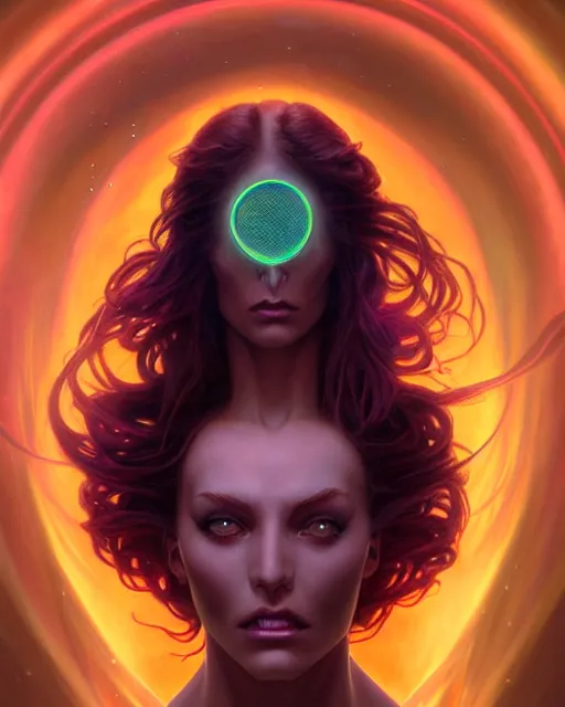 Image similar to epic fantasy render portrait of a beautiful bioluminescent woman with glowing eyes, dark retrowave, highly detailed, digital painting, cinematic, hyperrealism, rpg portrait, dynamic lighting, art by boris vallejo and julie bell and magali villeneuve and alphonse mucha, artstation, octane render, cgsociety