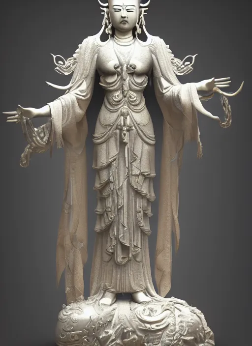 Image similar to a art deco sculpture statue of full body guanyin, intricate complexity,, statue by jane hamilton, ruan jia, character concept, radiant light,, frostbite 3 engine, cryengine, dof, trending on artstation, digital art, fantasy detailed abackground