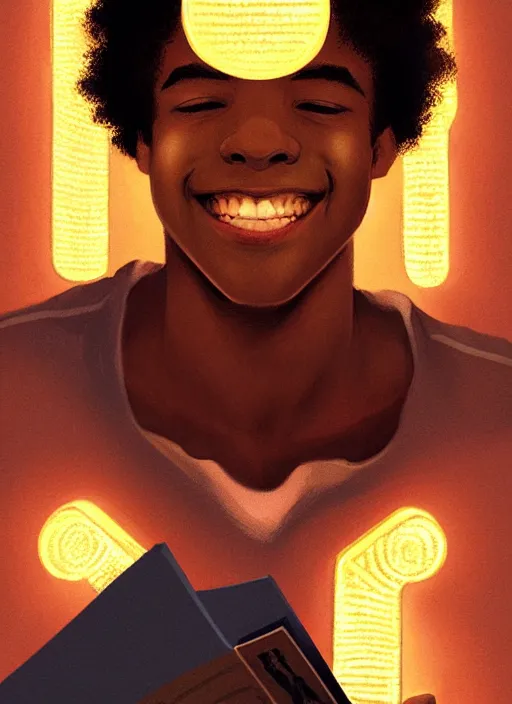 Image similar to portrait of teenage chuck clayton, black teenage boy, short curly hair, short hair square jaw, slight excited smile, reading a comic book, intricate, elegant, glowing lights, highly detailed, digital painting, artstation, concept art, smooth, sharp focus, illustration, art by wlop, mars ravelo and greg rutkowski