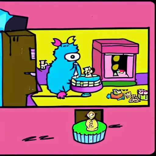 Prompt: a cake monster eating a cake. Saturday morning cartoon. VHS style.