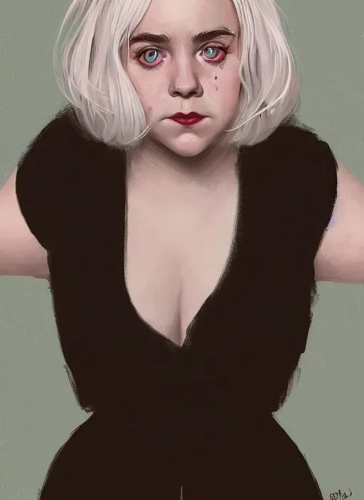 Prompt: full body portrait, kiernan shipka as sabrina spellman, white hair, obese, bangs, sultry, realistic, sultry smirk, fluffy bangs, freckles, fat, belly, intricate, elegant, highly detailed, digital painting, artstation, concept art, smooth, sharp focus, illustration, art by wlop, mars ravelo and greg rutkowski