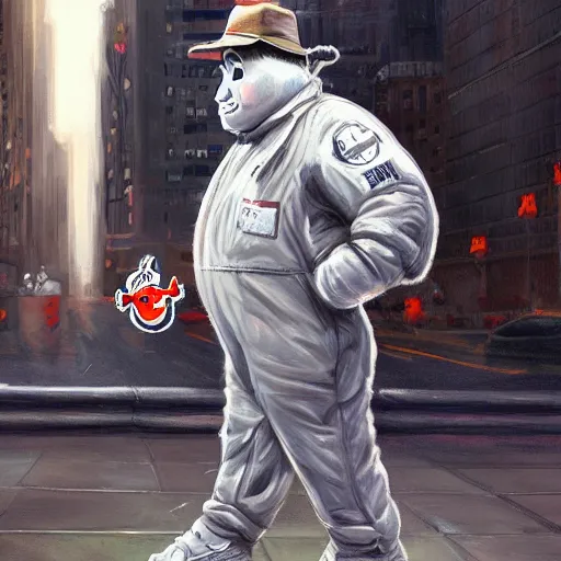 Image similar to the ghostbusters marshmallow man wearing timberlands and a yankee hat smoking a joint walking threw new york city, highly detailed portrait, digital painting, artstation, concept art, smooth, sharp foccus ilustration, artstation hq