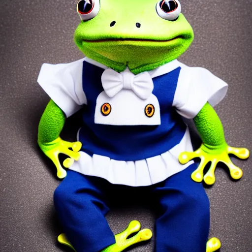 Image similar to cute frog wearing a sailor suit, studio photography,