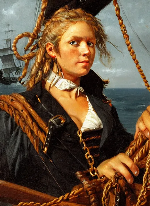 Image similar to close - up portrait of a female pirate with two peglegs and two hook hands, standing at the wheel of a galleon, sails and rigging, detailed dynamic light painting by albrecht anker