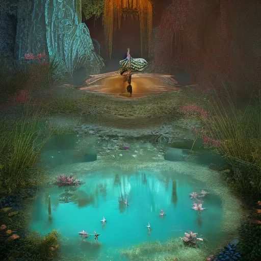 Image similar to beautiful symmetrical an old silent pond angels jump into the pond splash! silence again, surrounded by machine axonometric fantasy intricate elegant highly detailed in volumetric void of latent space lush flowers surround, realm of the gods golden turquoise steampunk, high contrast cinematic light, mystical shadows, octane render, photographic, concept art, art high renaissance art, unreal engine 8 k