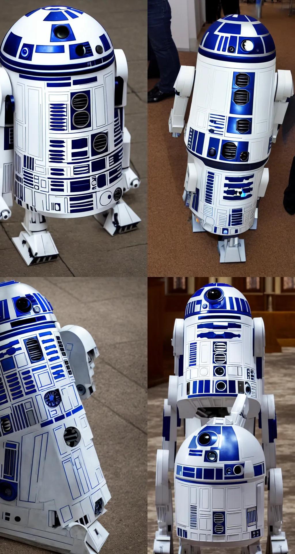 Image similar to A extremely detailed photo of Star Wars R2-D2. Baptised, in a large cathedral, in front of family and friends. Wide-Angle Lens. hyper-realistic, 4K resolution, 8K resolution, professional photography, award-winning photo