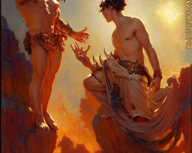 Image similar to attractive pagan male deity, summoning handsome lucifer morning star. highly detailed painting by gaston bussiere, craig mullins, j. c. leyendecker 8 k