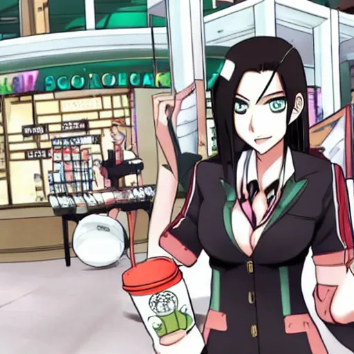 Prompt: Megan fox at Starbucks in Danganronpa anime