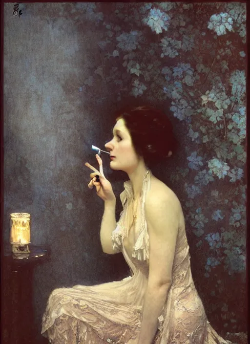 Image similar to a romantic photo of a woman in a dark room wearing lace smoking a cigarette advertisement photography by mucha, nick alm, ruan jia, norman rockwell, greg rutkowski, greg manchess, ethereal, dark, candlelight, pagan, extremely coherent, sharp focus, elegant, sharp features, render, octane, detailed, award winning photography, masterpiece, rim lit