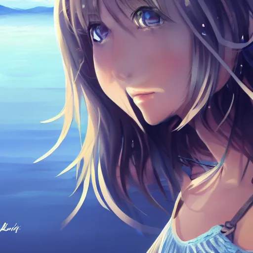 Image similar to a very beautiful anime girl, full body, long wavy blond hair, sky blue eyes, full round face, short smile, cute top, short jeans, summer lake setting, cinematic lightning, medium shot, mid-shot, highly detailed, trending on Artstation, Unreal Engine 4k, cinematic wallpaper by Stanley Artgerm Lau, WLOP, Rossdraws, James Jean, Andrei Riabovitchev, Marc Simonetti, and Sakimichan