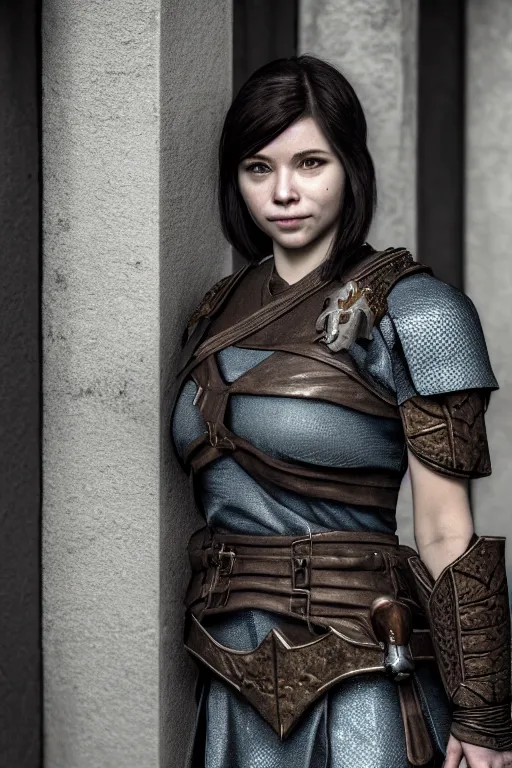 Image similar to a beautiful female guard from skyrim shyly posing on camera, symmetrical, cinematic, elegant, dawn light, real dlsr photography, sharp focus, 4 k, ultra hd, sense of awe