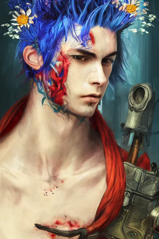 Prompt: portrait of beautiful young man, warhammer, japanic style, more and more cyberpunk, a lot of more scars, more and more flowers, blue head, some red water, the middle ages, highly detailed, artstation, illustration, artgerm sylvari portrait, 8 k quality, art by max ernst