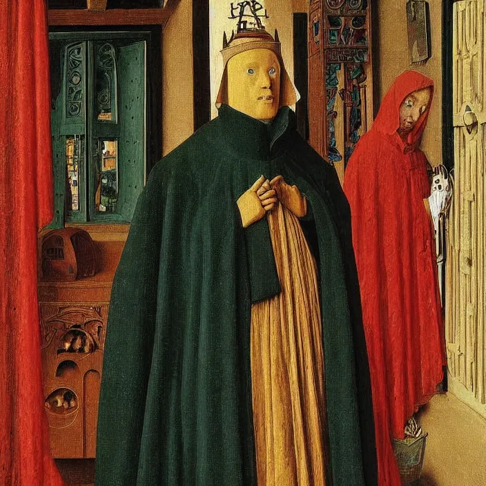 Image similar to a robot wearing a hooded cloak, by Jan van Eyck