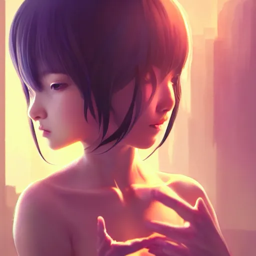 Image similar to very small little girl by ross tran, reaching into their reflection in the mirror by sana takeda, rtx reflections, very high intricate details, digital anime art by artgerm, medium shot, mid - shot, composition by ilya kuvshinov, lighting by greg rutkowski