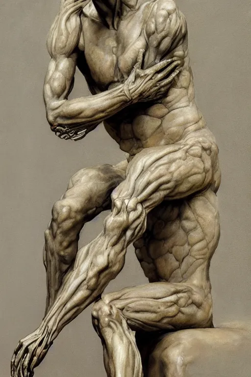 Prompt: beautiful oil clean painting of the biomechanical thinker sculpture by auguste rodin connected to complex machine by wayne barlowe, rembrandt, complex, stunning, realistic skin color, 4 k, high res, awardwinning, masterpiece
