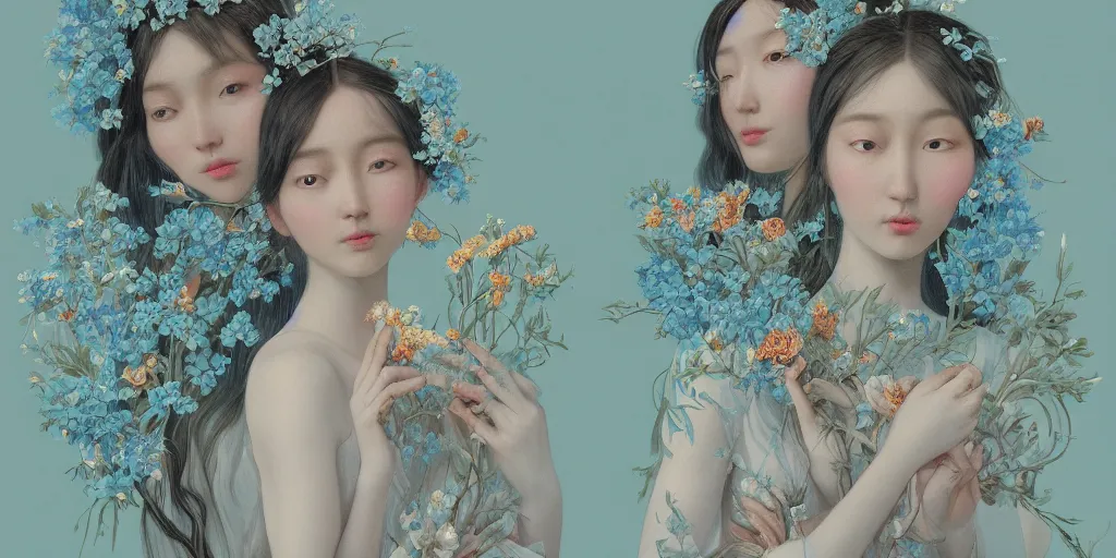 Image similar to breathtaking detailed concept art painting portrait of two goddess of light blue flowers by hsiao - ron cheng, carroty hair, orthodox saint, with anxious piercing eyes, vintage illustration pattern background with bizarre compositions blend of flowers and fruits and birds by beto val and john james audubon, exquisite detail, extremely moody lighting, 8 k