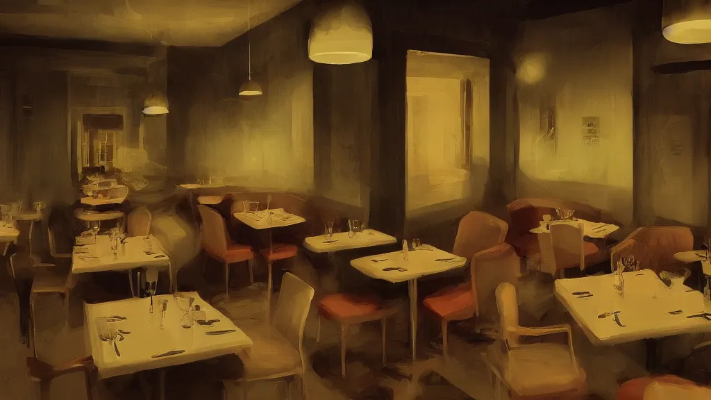 Prompt: At the restaurant, in the style of David Lynch, by Wes Anderson, concept art, artstation