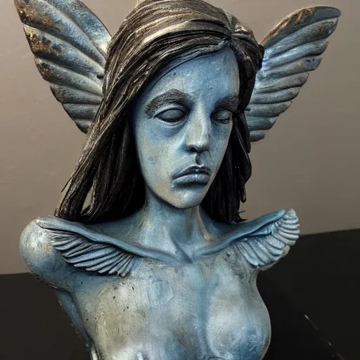 Image similar to painted portrait sculpture of angry girl angel