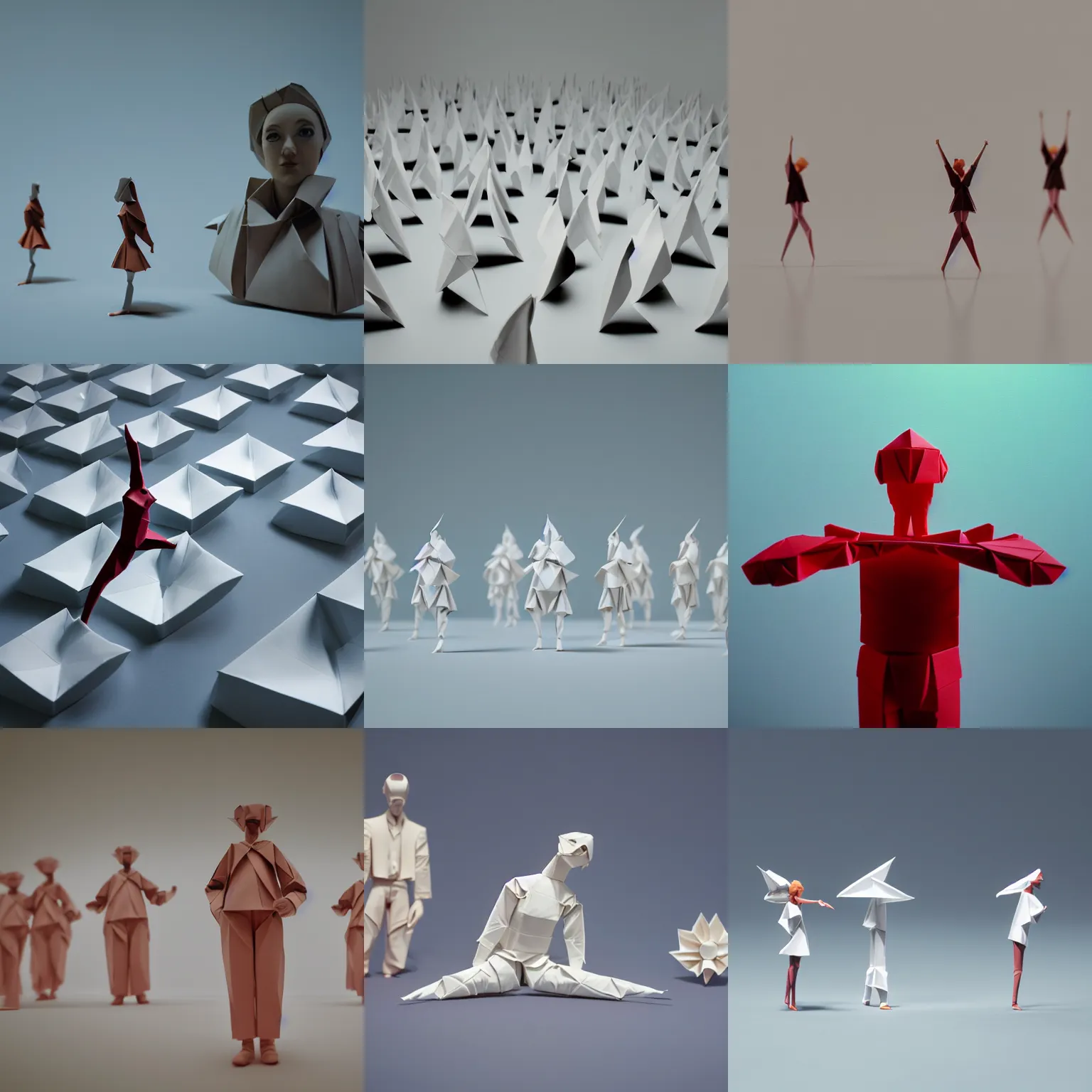 Prompt: beautiful three point perspective film still of funky pop origami character study scene in merce cunningham, extreme closeup portrait in style of frontiers in miniature porcelain photography fashion architectural art studio seinen manga edition, holly herndon origami statues, pointe poses, tilt shift background, soft lighting, kodak portra 4 0 0, 8 k, macro, cinematic style by emmanuel lubezki