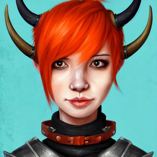 Image similar to illustrated realistic portrait female ORANGE SKIN prong-horned kobold with blue bob hair and solid dark eyes wearing strap leather armor by rossdraws
