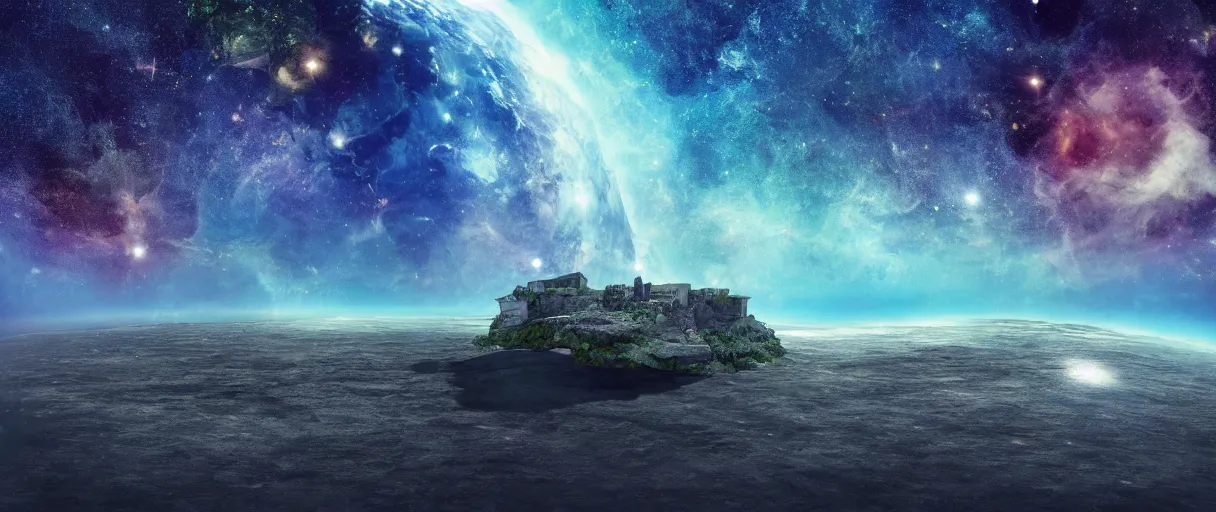 Image similar to a small lone crumbling island, center of image, floating in space, debris, planets, stars, nebula, studio, digital art, detailed, depth of field