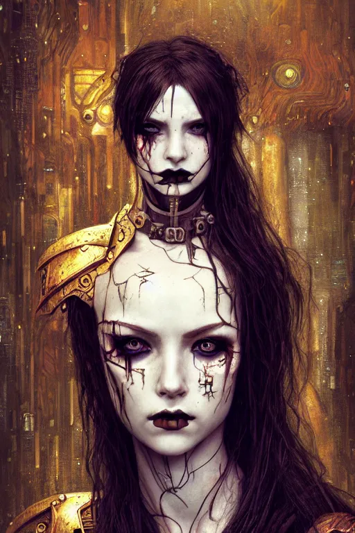 Prompt: portrait of beautiful young gothic maiden, cyberpunk armor, a lot of scars, warhammer, highly detailed, artstation, illustration, art by gustav klimt