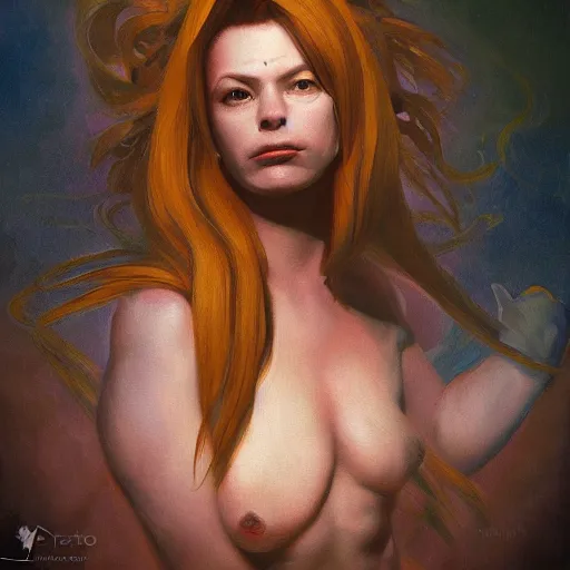 Prompt: painting of brigitte from the videogame overwatch in the style of agostino arrivabene, renaissance, dark, surrealism, low contrast