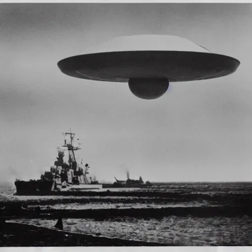 Prompt: a picture of an ufo above navy in the war, black and white, 1 9 4 0's