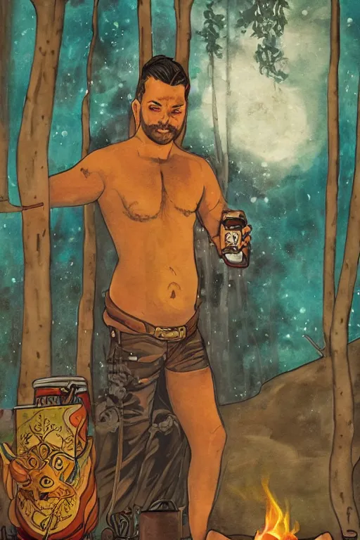 Prompt: an ethereal tarot card painting of a shirtles sly cowboy with a chubby build and beer belly hunched over | background is a serene campfire | tin cans and jugs of whisky | tarot card, art deco, art nouveau | by Mark Maggiori | trending on artstation