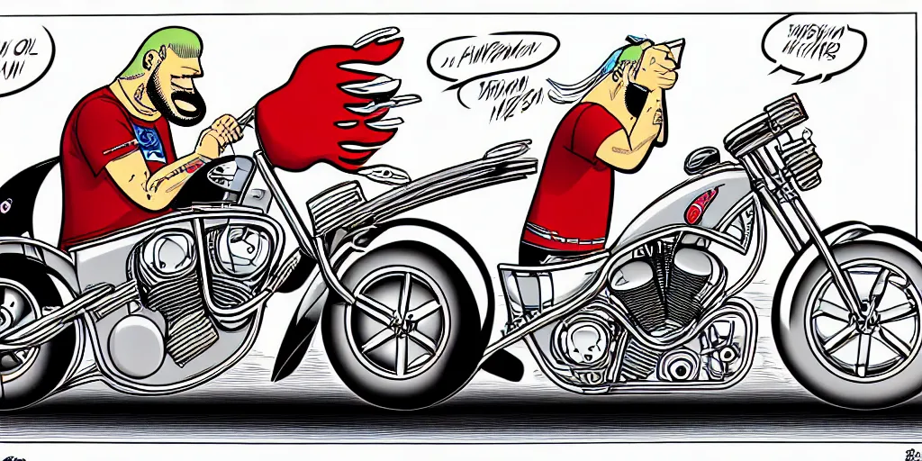 Image similar to american chopper, cartoon, moebius style, detailed