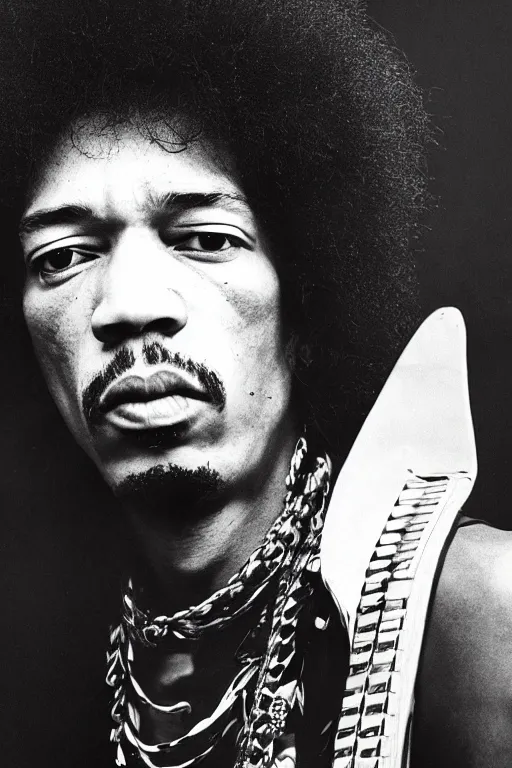 Prompt: photo of jimi hendrix styled by nick knight posing, showstudio, face close up, vogue magazine, 1 9 7 0, canon, highly realistic. high resolution. highly detailed. dramatic. 8 k. 4 k