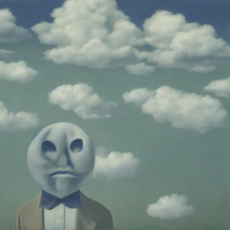 Image similar to portrait of a spooky ghost, clouds in the background, by rene magritte, detailed painting, distance, middle centered, hd, hq, high resolution, high detail, 4 k, 8 k