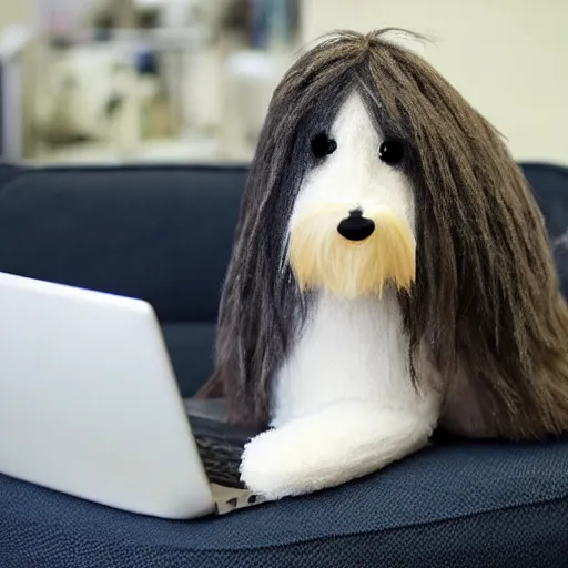 Image similar to bearded collie stuffed animal programmer types on the computer programming, cute, adorable, fluffy, digital art, UE5,