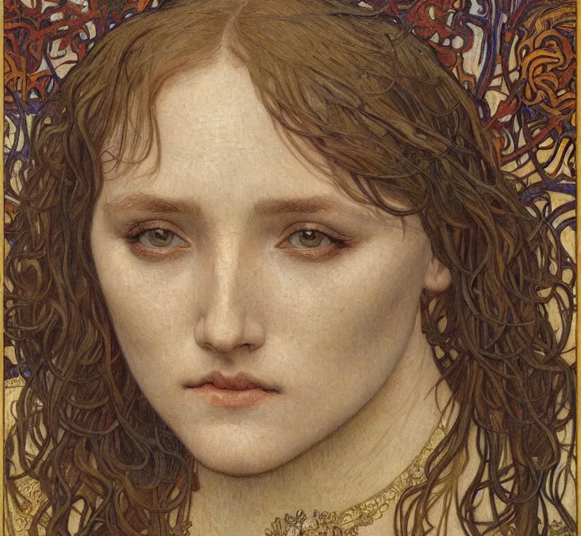 Image similar to detailed realistic beautiful young medieval queen face portrait by jean delville, alphonse mucha, vincent van gogh, and marco mazzoni, art nouveau, symbolist, visionary, gothic, pre - raphaelite