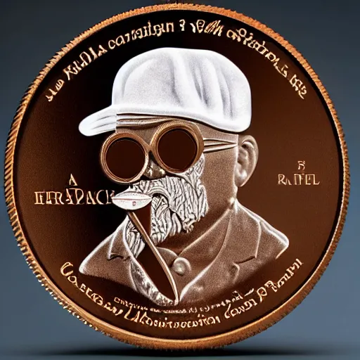 Prompt: A photograph of a delicious unwrapped chocolate coin which is engraved with a portrait of a man with a large nose and glasses smoking a cigar and wearing a greek fisherman's cap, highly detailed, close-up product photo, depth of field, sharp focus, soft lighting