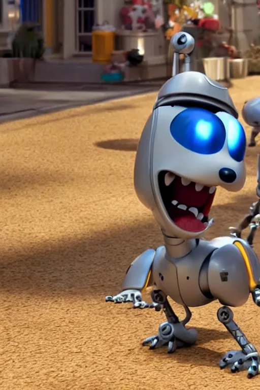 Prompt: Robot dog tries to bite its own tail. Pixar Disney render 3d animation movie Oscar winning