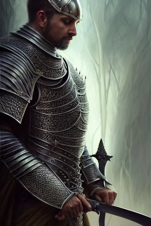 Prompt: Portrait of a highly detailed knight holding a large sword, full body, fine art, awesome fantasy book cover on Pinterest, award winning, dark fantasy landscape, fantasy magic, intricate, elegant, sharp focus, cinematic lighting, highly detailed, digital painting, concept art, art by WLOP and Artgerm and Greg Rutkowski, masterpiece, trending on artstation, 8K