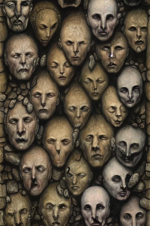 Prompt: a stone wall filled with funeral masks in the style of wayne barlowe, gustav moreau, goward, bussiere, roberto ferri, santiago caruso, luis ricardo falero, austin osman spare