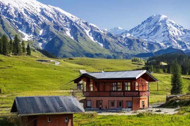 Image similar to architecture photo modern fachwerk house cottage settlement with Elbrus mountain on the background, architecture, photorealism 8k , high details