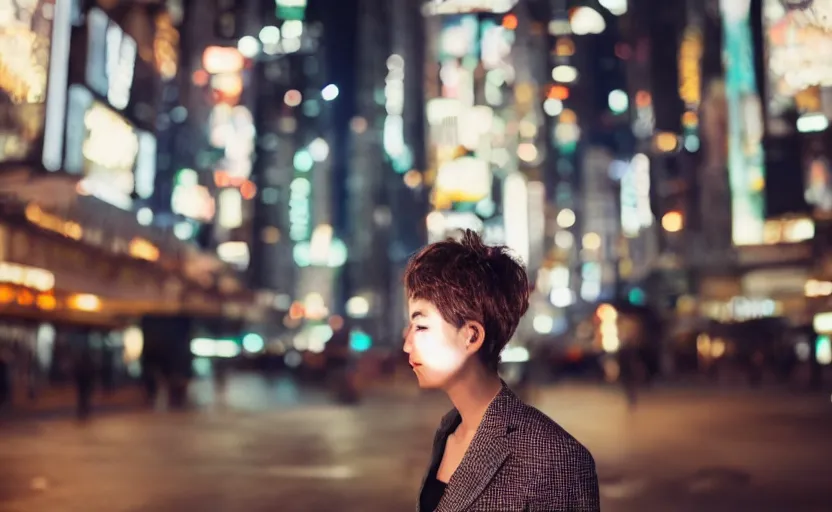 Image similar to a wide shot of a woman with a wool suit, short hair, blurred face, wearing an omega speedmaster on her wrist in front of a crowded dystopian city at night with cyberpunk lights