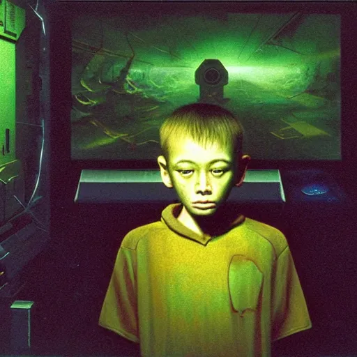 Image similar to 8k professional photo of an 8 years old enlightened and scared boy standing in front of an old computer from 90s with a game doom2 at the monitor screen in a vr vaporvawe space, Beksinski impasto painting, part by Adrian Ghenie and Gerhard Richter. art by Takato Yamamoto, masterpiece. still from a movie by Gaspar Noe and James Cameron