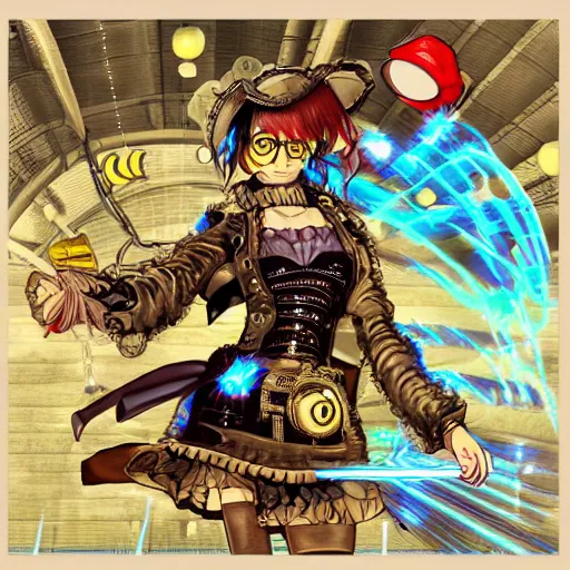 Image similar to anime steam punk chicken with laser beams