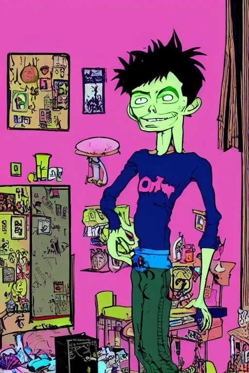 Image similar to a skinny goth guy standing in a cluttered 9 0 s bedroom by jamie hewlett, jamie hewlett art, full body character concept art, vaporwave colors,